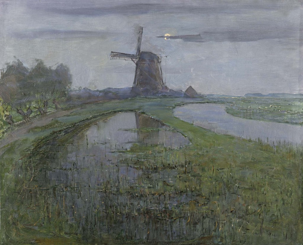 Oostzijdse molen aan het Gein bij maanlicht, Piet Mondriaan (1872-1944), 1903, collectie Rijksmuseum