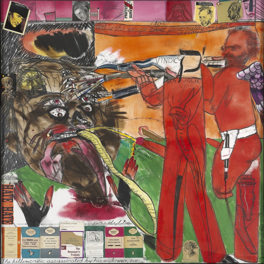 R.B. Kitaj, The Killer-Critic Assasinated by his Widower, Even, 1997, olieverf en collage op doek. Astrup Fearnley Collection, Oslo, Foto Thomas Widerberg, c R.B. Kitaj Estate