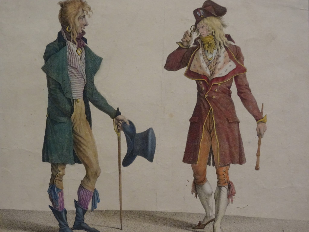Les Incroyables, Jean Louis Darais naar Carle Vernet, ingekleurde stippelgravure, 1796, detail, eigen foto