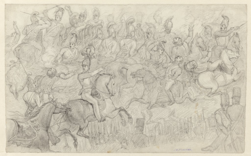 Studie voor De Slg bij Waterloo, Jan Willem Pieneman (1179-1853), zwart krijt, ca. 1824