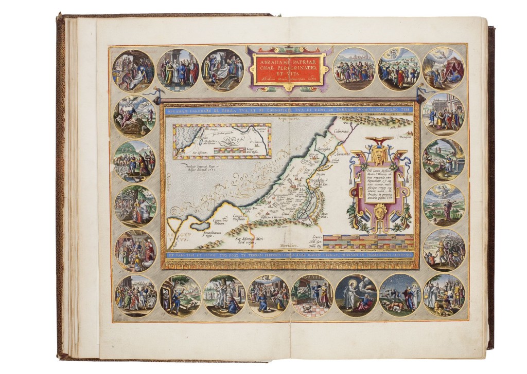 Ortelius (1586), kaart van de omzwervingen van Abraham, toegevoegd aan tenminste vier Keurbijbels, door Van Santen afgezet en met goud gehoogd