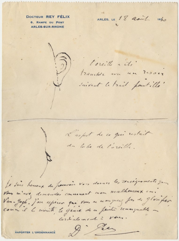 Brief van Félix Rey aan Irving Stone met tekeningen van de verminking van het oor van Vincent van Gogh, 18 augustus 1930. The Bancroft Library, University of California, Berkeley