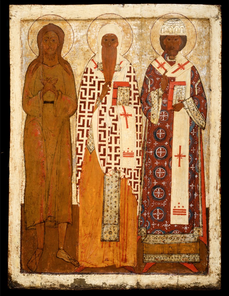 Ikoon: Drie Heiligen, Moskou, circa 1650, 84,5 x 64,5 cm