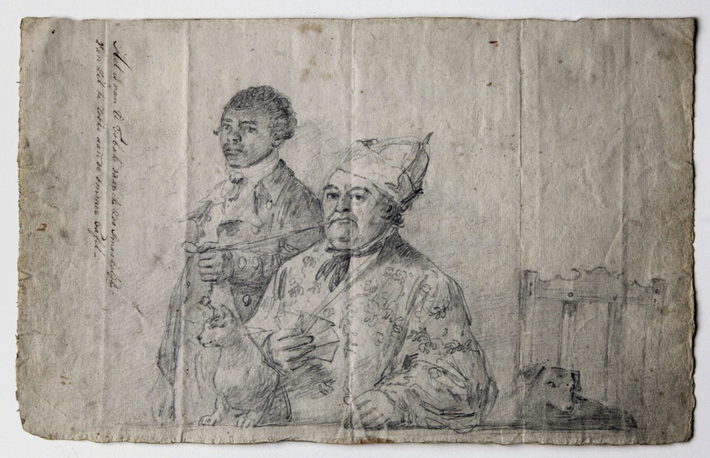 Anoniem, Hendrik Cloete met slaaf die zijn pijp vasthoudt, ca. 1788, Schwellengrebelarchief, St. Maarten