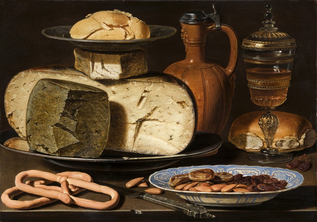 Clara Peeters. werkzaam in Antwerpen, ca. 1607 - 1621 of later, Stilleven met kazen, amandelen en krakelingen, ca. 1615, paneel, 34,5 x 49,5 cm, Den Haag, Mauritshuis