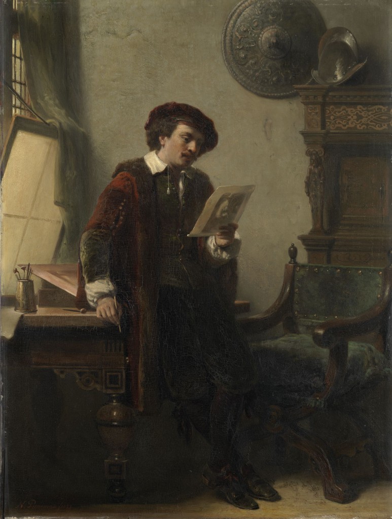 Nicolaas Pieneman, Rembrandt in zijn atelier, 1852, Amsterdam Museum. Rembrandt bekijkt zijn Jan Six-ets