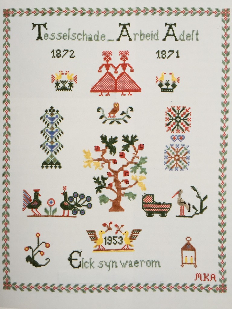 Een merklap ter viering van de fusie vanTesselschade en Arbeid Adelt in 1953. 