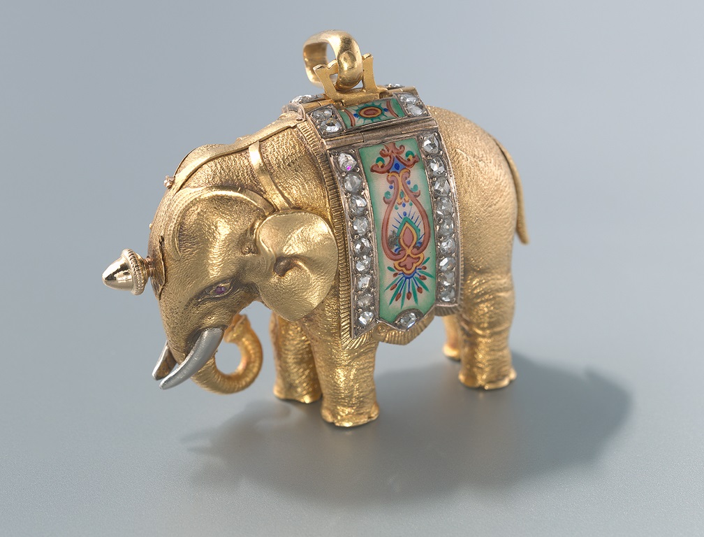 Fantasiehorloge met cilindergang in de vorm van een olifant, Parijs, ca. 1860, goud, email, diamant en robijnen, collectie Lopez Suasso
