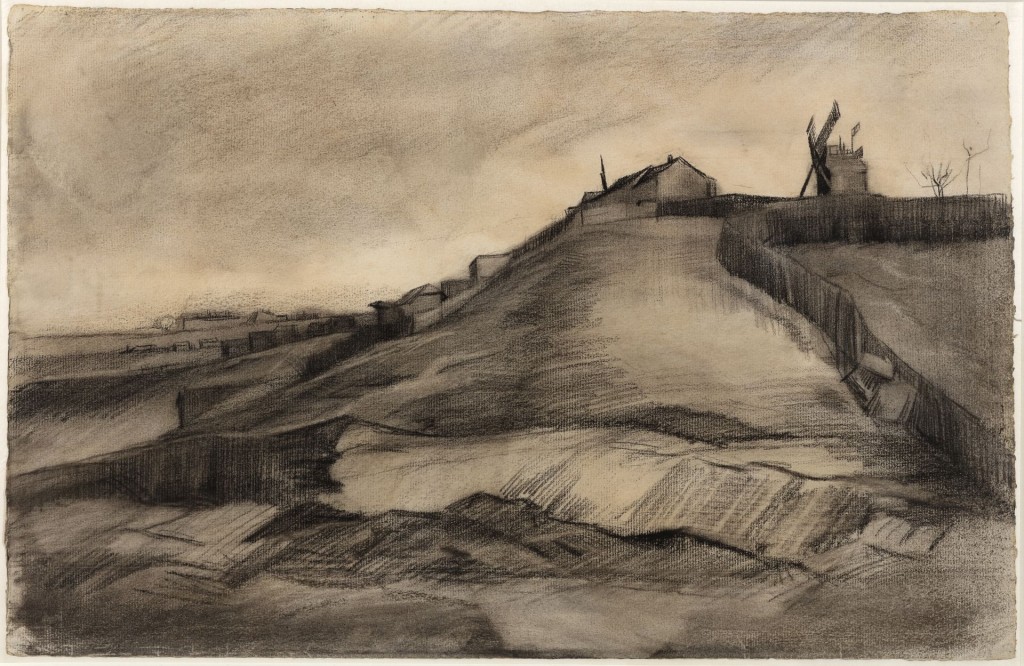 Vincent van Gogh, De heuvel van Montmartre met steengroeve, maart 1886, zwart krijt, geveegd en gegumd, witte dekkende waterverf, op vergépapier met watermerk APL BAS, 30,9 x 47,7 cm, collectie Van Vlissingen Art Foundation