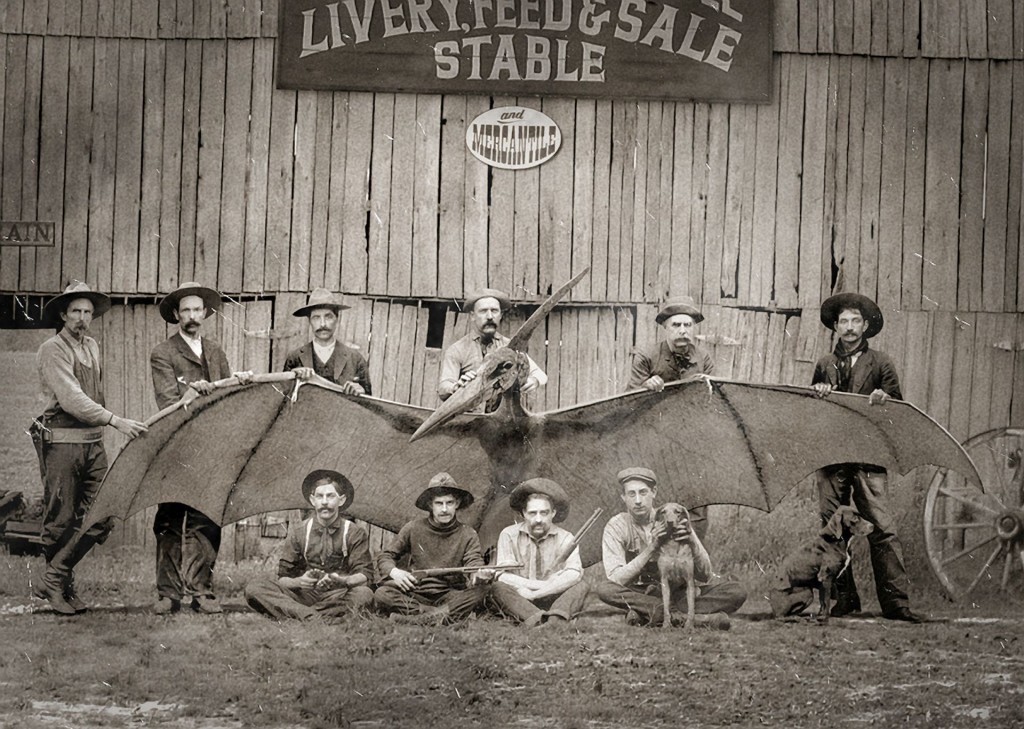 Fake nieuwsfoto gevangen Pteranodon. Bron: http://civilwarhorror.blogspot.nl/2012/09/another-photo-of-cowboys-with.html