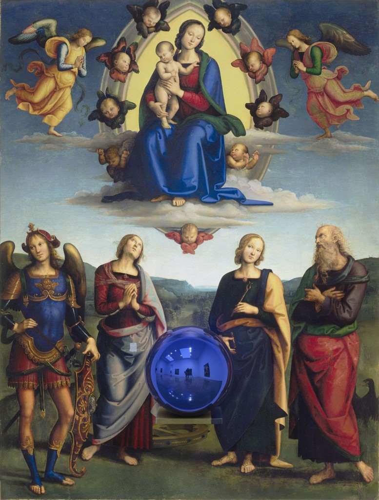c Jeff Koons,Gazing Ball (Perugino Madonna and Child with Four Saints), 2014-15, olieverf op doek, glas,aluminium,179,7 x 136,5 x 37,5 cm, eigendom van Jeff Koons