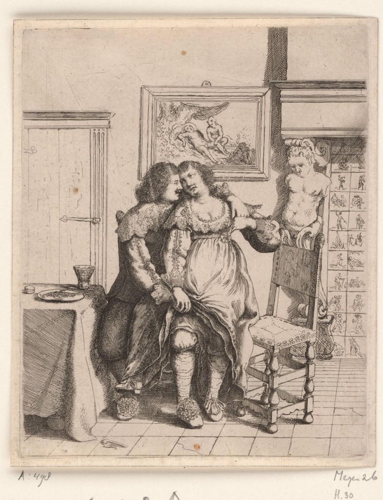 Een vrouw zit op schoot bij een man, Willem Basse, 1634, ets, collectie Rijksmuseum