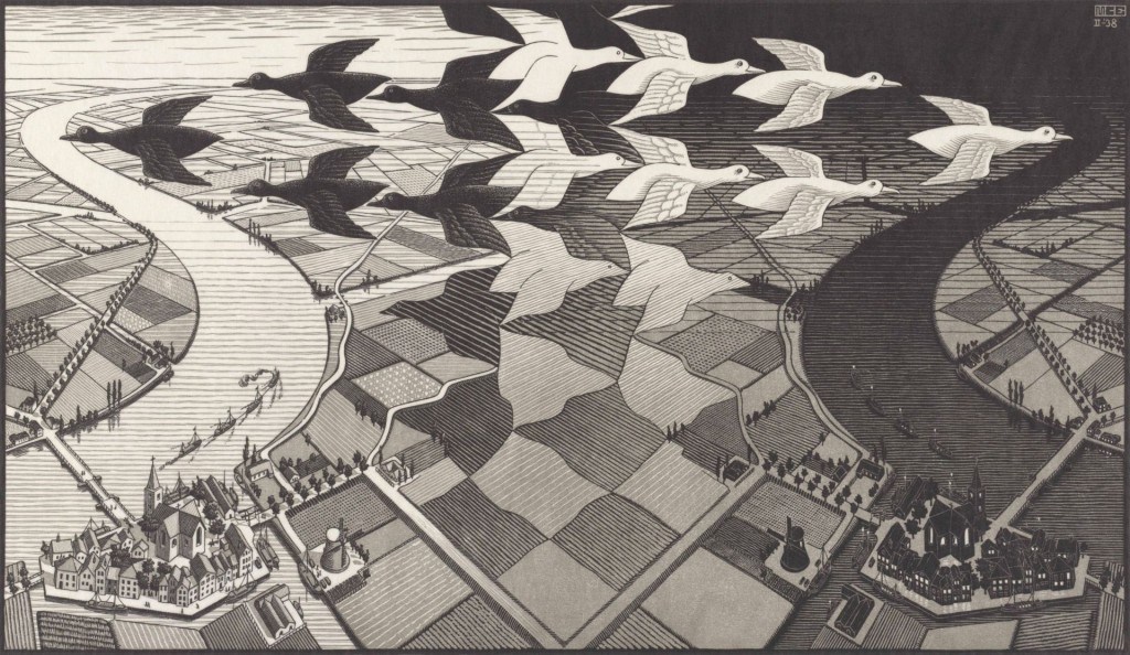 M.C. Escher's 'Dag en Nacht' (1938) C the M.C. Escher Company B.V. All rights reserved. www.mcescher.com. Houtsnede in zwart en grijs, afgedrukt vanuit 2 blokken. 677mm x 391mm. Bruikleen the M.C. Escher Company B.V.